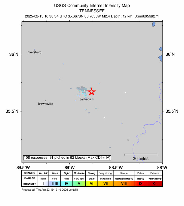 USGS DYFI community-reported intensity map for the M2.4 earthquake near 7 km NE of Jackson, Tennessee