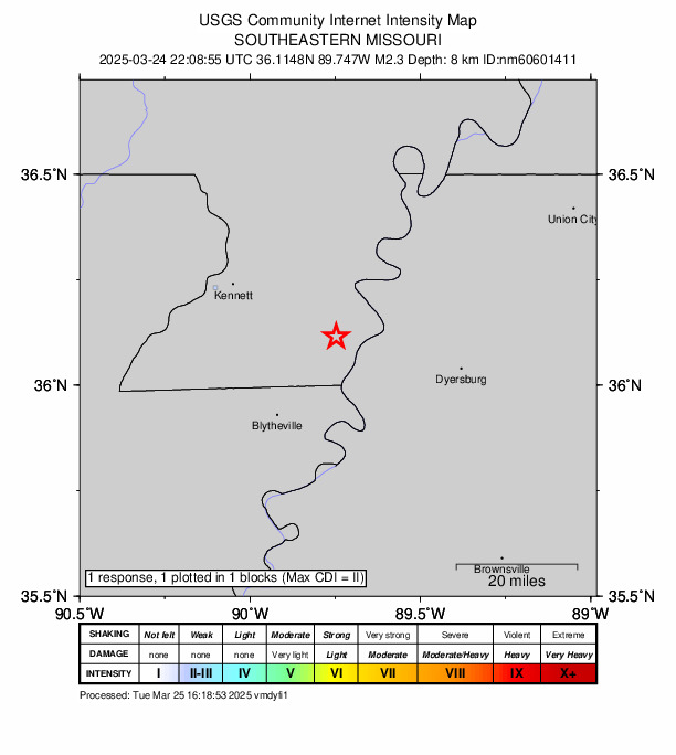 USGS DYFI community-reported intensity map for the M2.3 earthquake near 8 km ENE of Steele, Missouri
