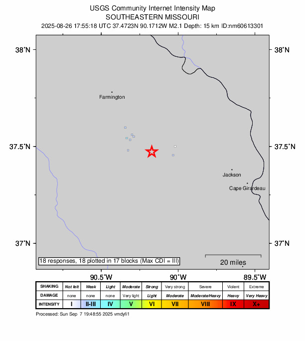 USGS DYFI community-reported intensity map for the M2.1 earthquake near 4 km N of Marquand, Missouri