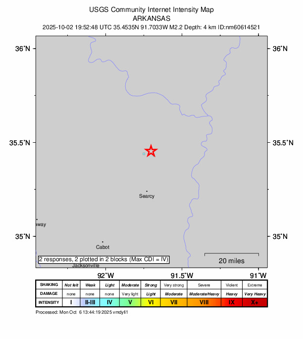 USGS DYFI community-reported intensity map for the M2.3 earthquake near 12 km ENE of Pangburn, Arkansas