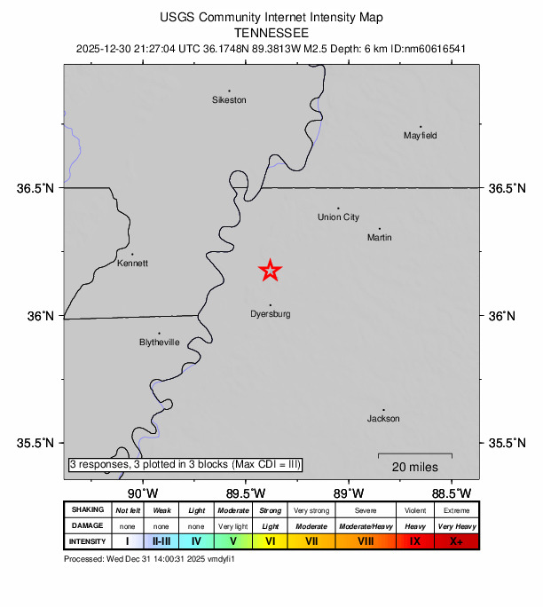 USGS DYFI community-reported intensity map for the M2.5 earthquake near 12 km WNW of Newbern, Tennessee