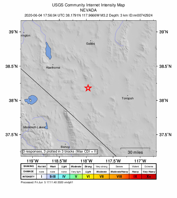 USGS DYFI community-reported intensity map for the M3.2 earthquake near 26 km SSE of Mina, Nevada