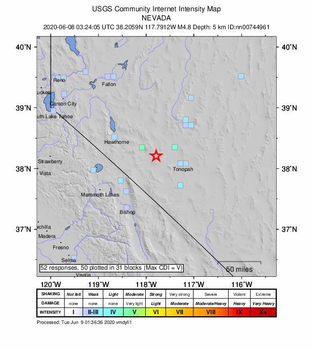USGS DYFI community-reported intensity map for the M4.8 earthquake near 34 km SE of Mina, Nevada