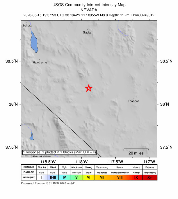 USGS DYFI community-reported intensity map for the M3.0 earthquake near 29 km SE of Mina, Nevada