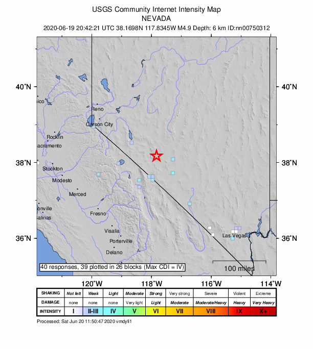 USGS DYFI community-reported intensity map for the M4.9 earthquake near 34 km SE of Mina, Nevada