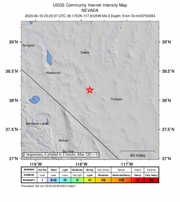 USGS DYFI community-reported intensity map for the M4.0 earthquake near 35 km SE of Mina, Nevada