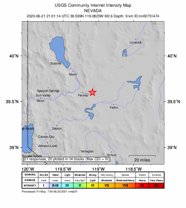 USGS DYFI community-reported intensity map for the M2.6 earthquake near 14 km E of Fernley, Nevada