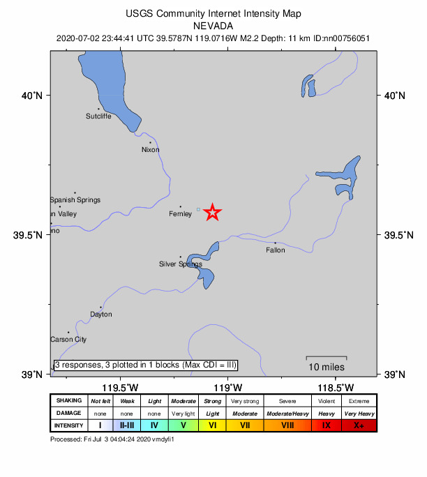 USGS DYFI community-reported intensity map for the M2.2 earthquake near 15 km ESE of Fernley, Nevada