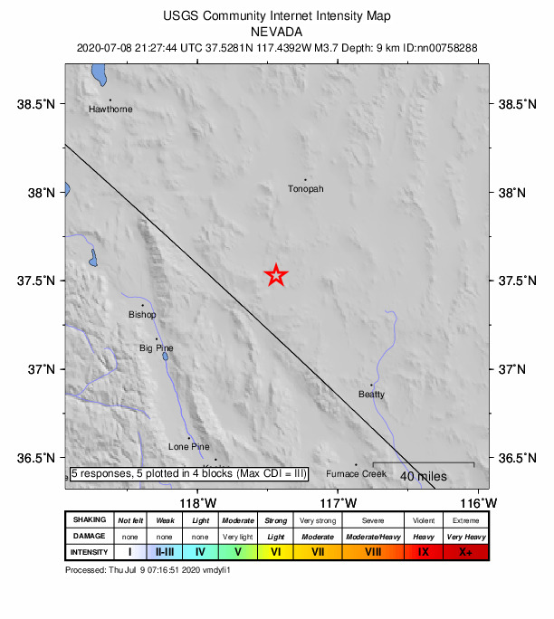 USGS DYFI community-reported intensity map for the M3.7 earthquake near 26 km SW of Goldfield, Nevada