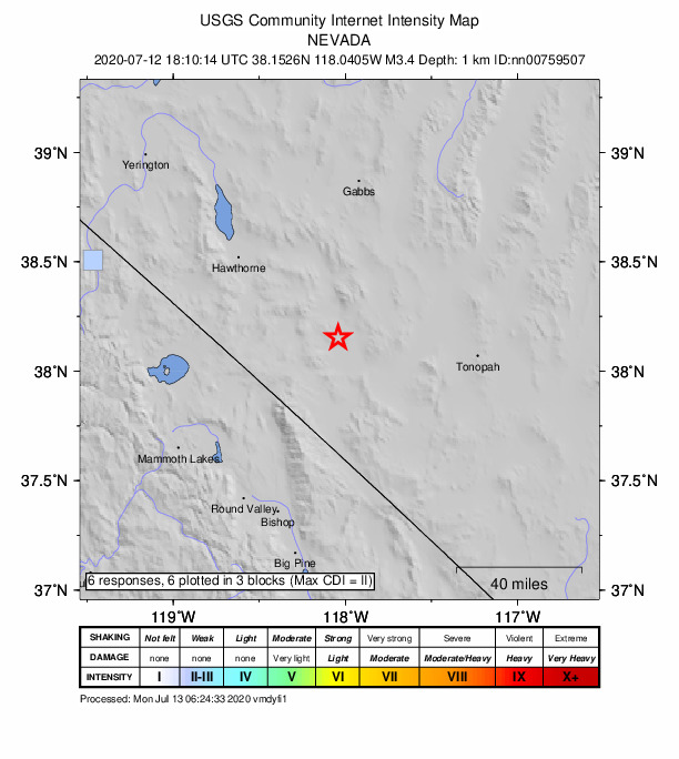 USGS DYFI community-reported intensity map for the M3.4 earthquake near 27 km SSE of Mina, Nevada