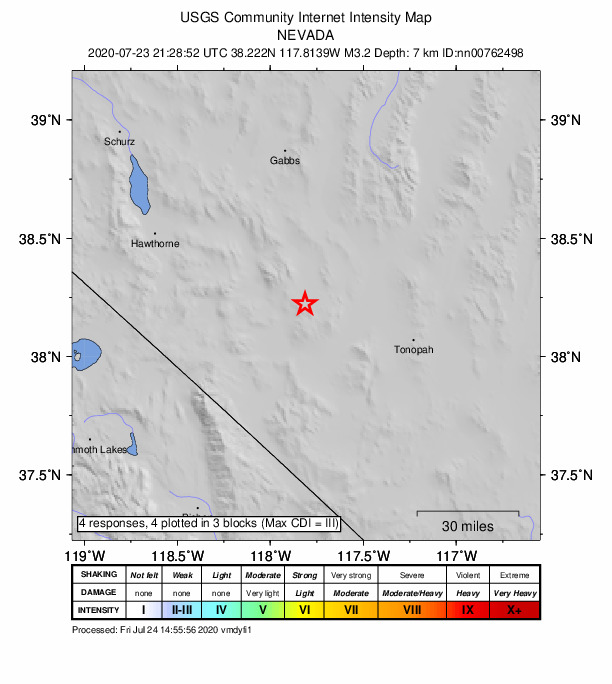 USGS DYFI community-reported intensity map for the M3.2 earthquake near 31 km SE of Mina, Nevada