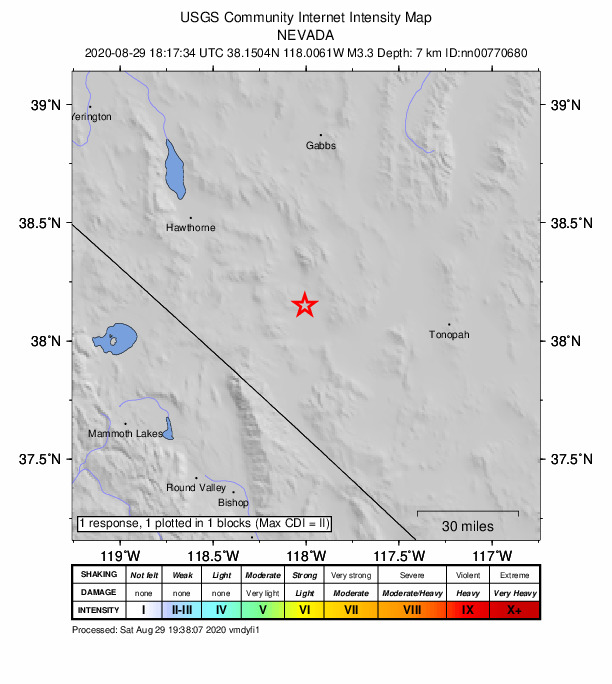 USGS DYFI community-reported intensity map for the M3.3 earthquake near 28 km SSE of Mina, Nevada