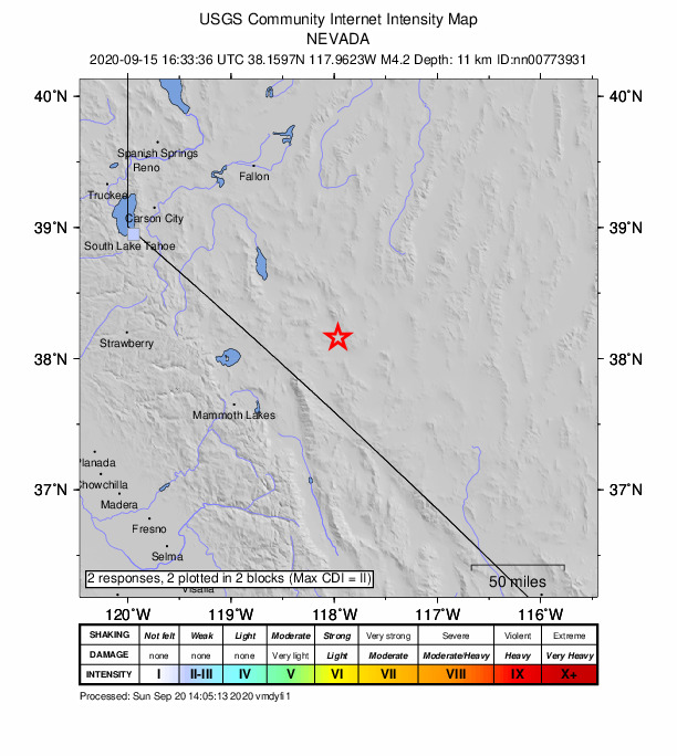 USGS DYFI community-reported intensity map for the M4.2 earthquake near 28 km SSE of Mina, Nevada