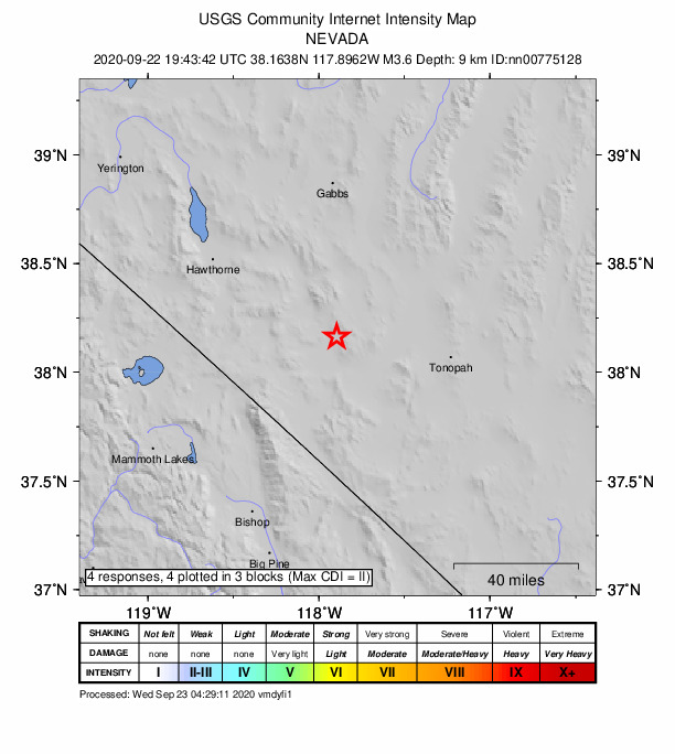 USGS DYFI community-reported intensity map for the M3.6 earthquake near 31 km SE of Mina, Nevada
