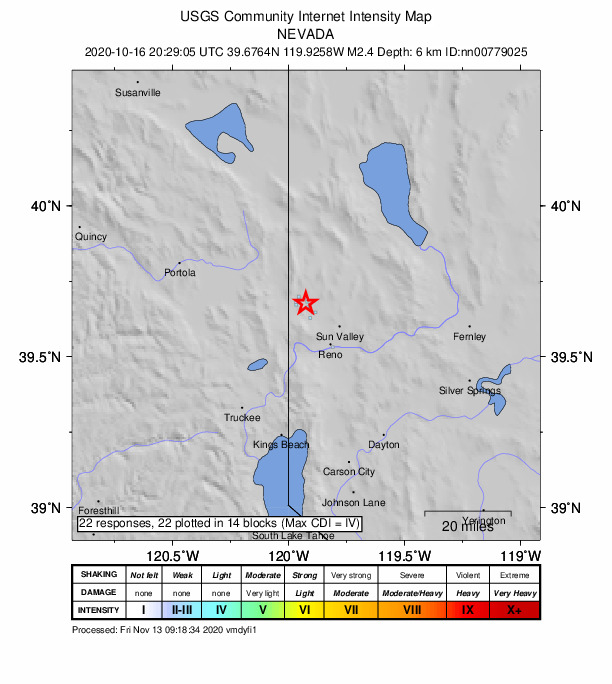 USGS DYFI community-reported intensity map for the M2.4 earthquake near 4 km E of Cold Springs, Nevada
