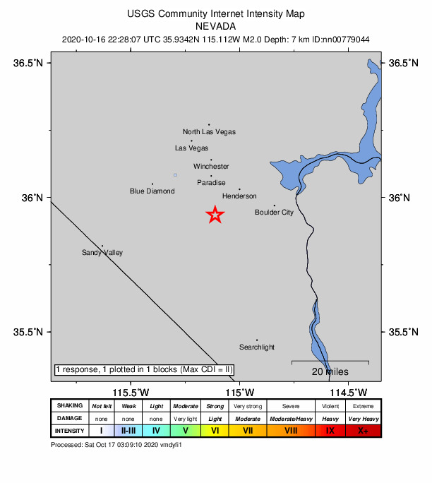 USGS DYFI community-reported intensity map for the M2.0 earthquake near 15 km SE of Enterprise, Nevada