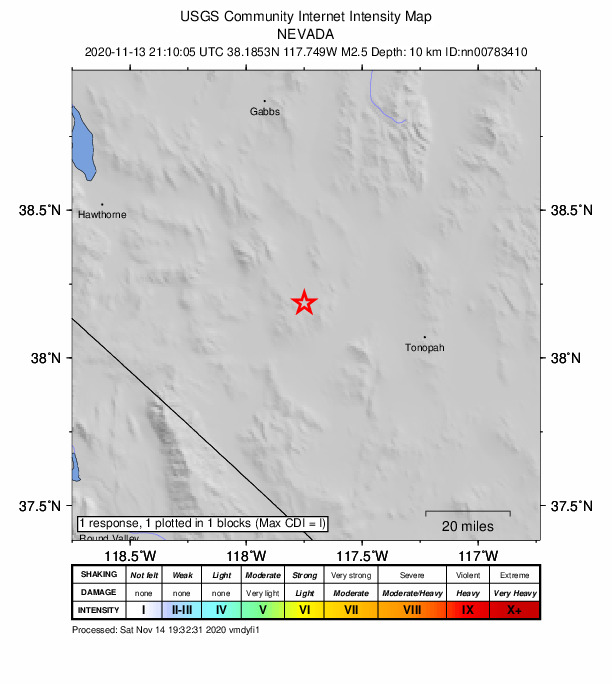USGS DYFI community-reported intensity map for the M2.5 earthquake near 38 km SE of Mina, Nevada