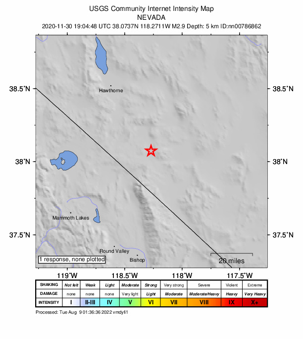 USGS DYFI community-reported intensity map for the M2.9 earthquake near 33 km NNE of Benton, California