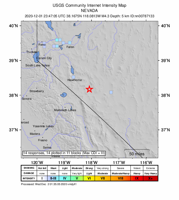 USGS DYFI community-reported intensity map for the M4.3 earthquake near 24 km S of Mina, Nevada