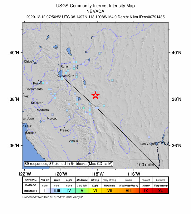 USGS DYFI community-reported intensity map for the M4.9 earthquake near 26 km S of Mina, Nevada