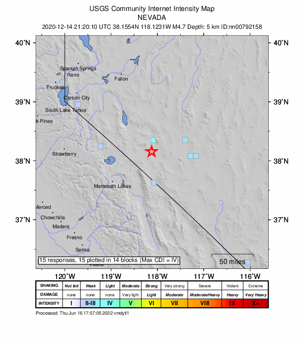 USGS DYFI community-reported intensity map for the M4.7 earthquake near 26 km S of Mina, Nevada