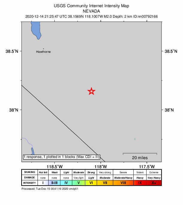 USGS DYFI community-reported intensity map for the M2.0 earthquake near 25 km S of Mina, Nevada