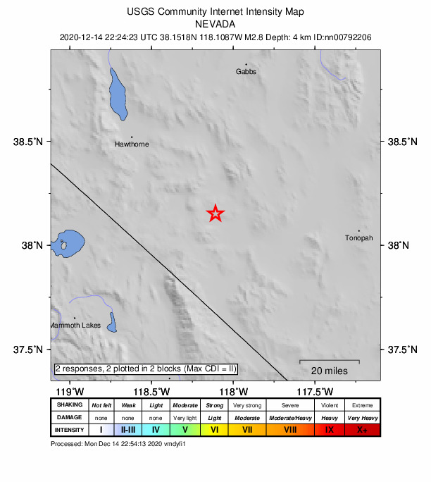 USGS DYFI community-reported intensity map for the M2.8 earthquake near 26 km S of Mina, Nevada