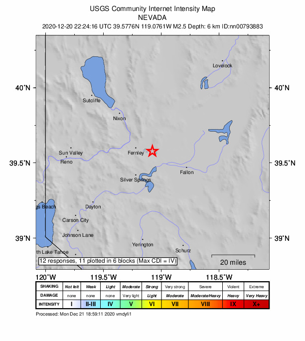 USGS DYFI community-reported intensity map for the M2.5 earthquake near 15 km ESE of Fernley, Nevada