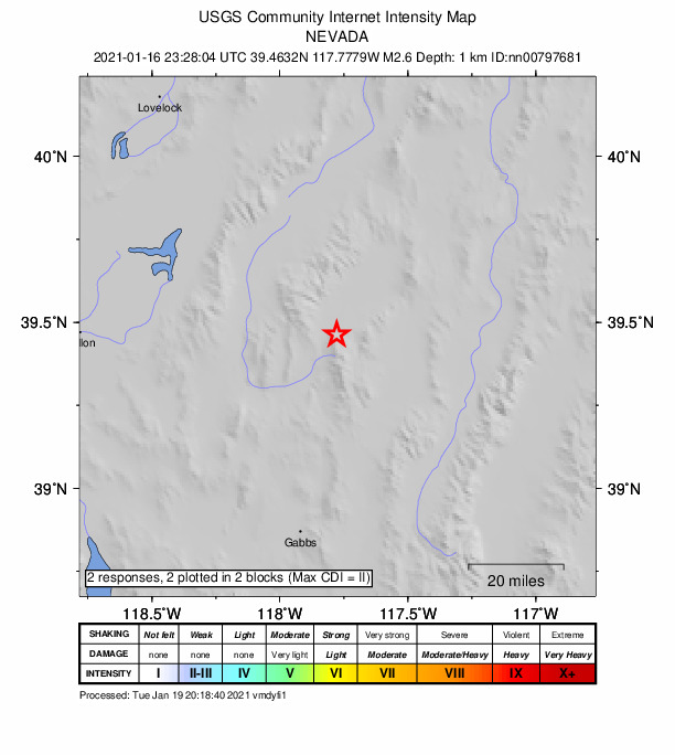 USGS DYFI community-reported intensity map for the M2.6 earthquake near 61 km W of Austin, Nevada