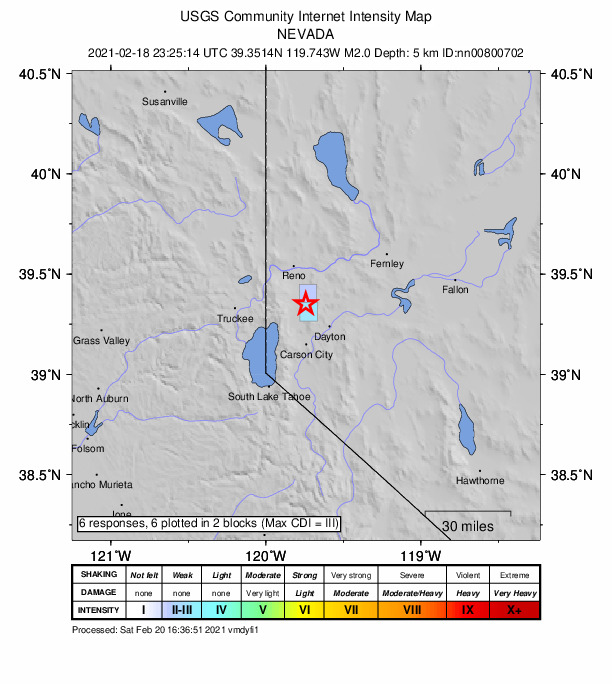 USGS DYFI community-reported intensity map for the M2.0 earthquake near 9 km WNW of Virginia City, Nevada