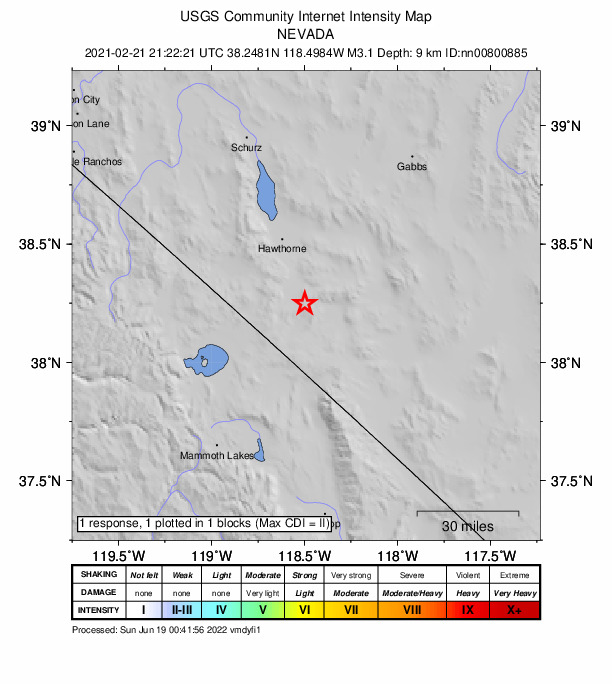 USGS DYFI community-reported intensity map for the M3.1 earthquake near 32 km SSE of Hawthorne, Nevada