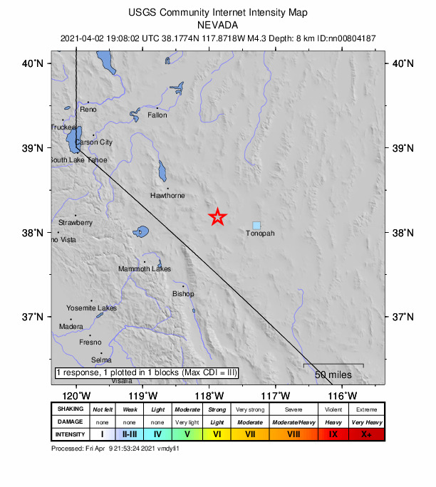 USGS DYFI community-reported intensity map for the M4.3 earthquake near 31 km SE of Mina, Nevada