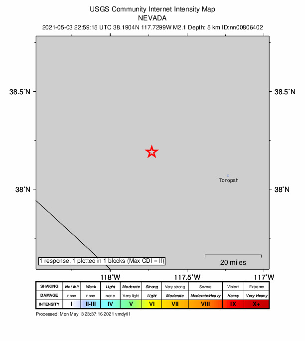 USGS DYFI community-reported intensity map for the M2.1 earthquake near 39 km SE of Mina, Nevada