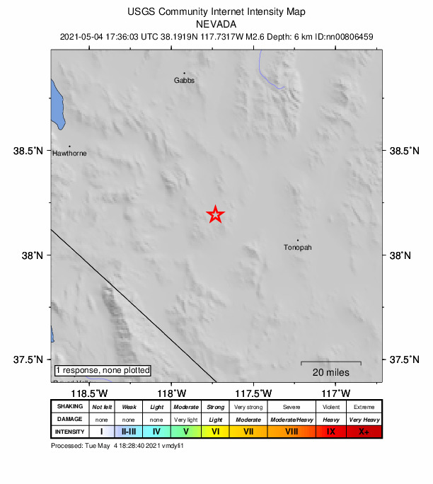 USGS DYFI community-reported intensity map for the M2.6 earthquake near 39 km SE of Mina, Nevada