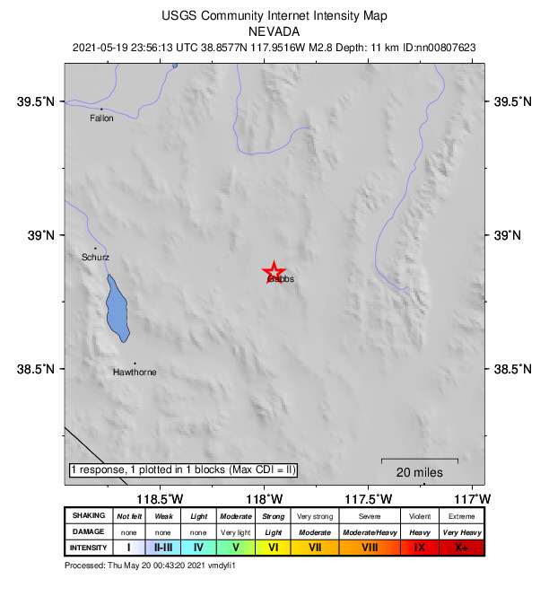 USGS DYFI community-reported intensity map for the M2.8 earthquake near 2 km WSW of Gabbs, Nevada