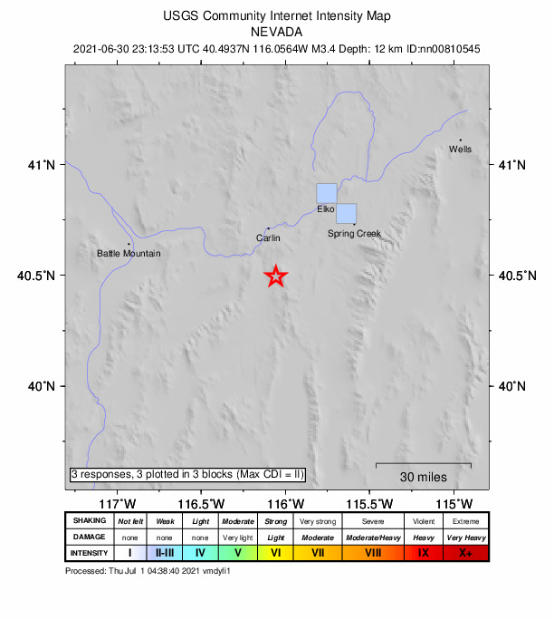 USGS DYFI community-reported intensity map for the M3.4 earthquake near 24 km S of Carlin, Nevada