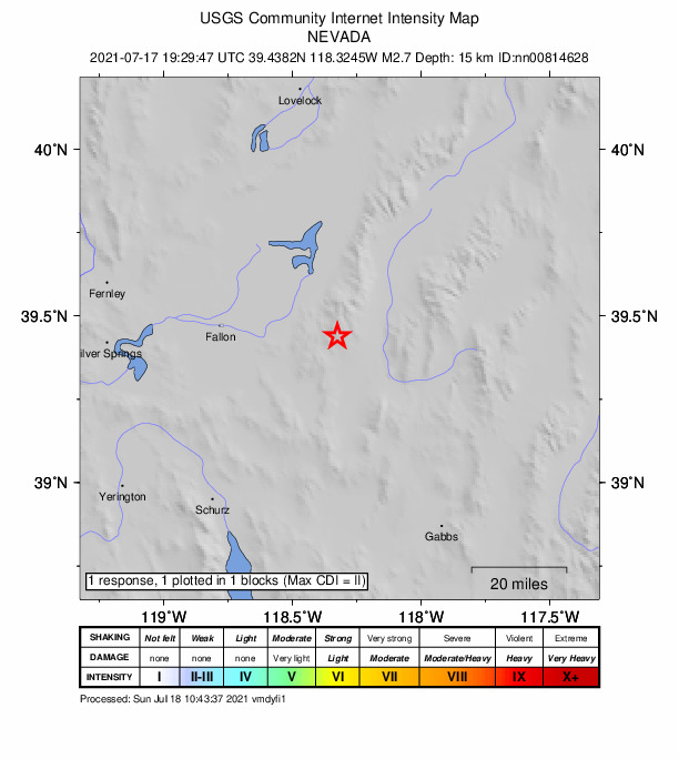 USGS DYFI community-reported intensity map for the M2.7 earthquake near 33 km E of Fallon Station, Nevada