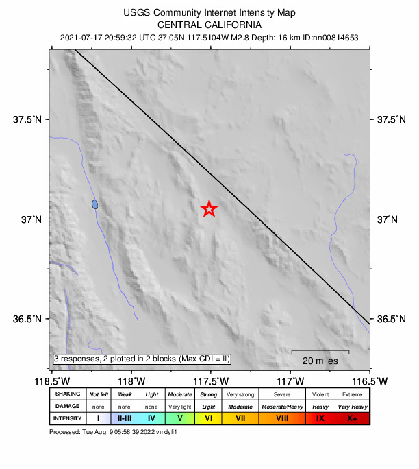 USGS DYFI community-reported intensity map for the M2.8 earthquake near 67 km ENE of Independence, California
