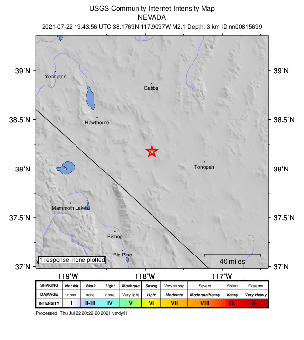 USGS DYFI community-reported intensity map for the M2.1 earthquake near 29 km SE of Mina, Nevada
