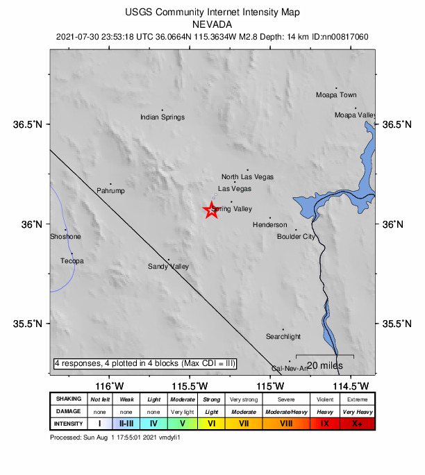USGS DYFI community-reported intensity map for the M2.8 earthquake near Nevada