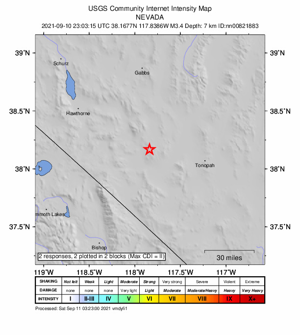 USGS DYFI community-reported intensity map for the M3.4 earthquake near 34 km SE of Mina, Nevada