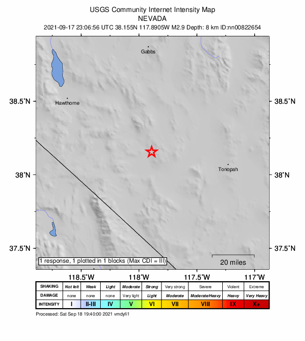 USGS DYFI community-reported intensity map for the M2.9 earthquake near 32 km SE of Mina, Nevada