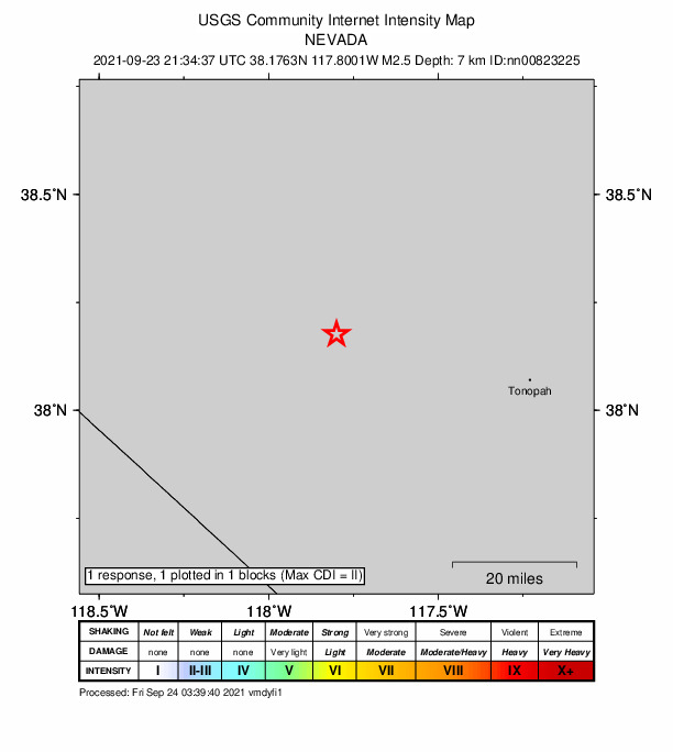 USGS DYFI community-reported intensity map for the M2.5 earthquake near 35 km SE of Mina, Nevada