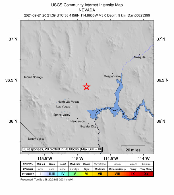 USGS DYFI community-reported intensity map for the M3.0 earthquake near 25 km NE of Nellis Air Force Base, Nevada