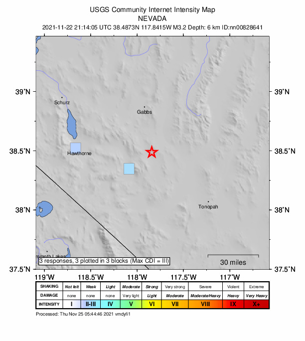USGS DYFI community-reported intensity map for the M3.2 earthquake near 25 km ENE of Mina, Nevada
