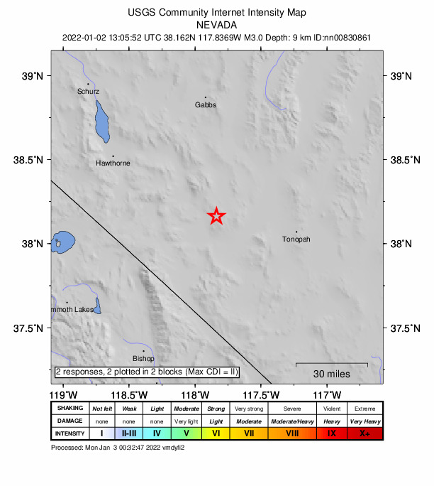 USGS DYFI community-reported intensity map for the M3.0 earthquake near 34 km SE of Mina, Nevada