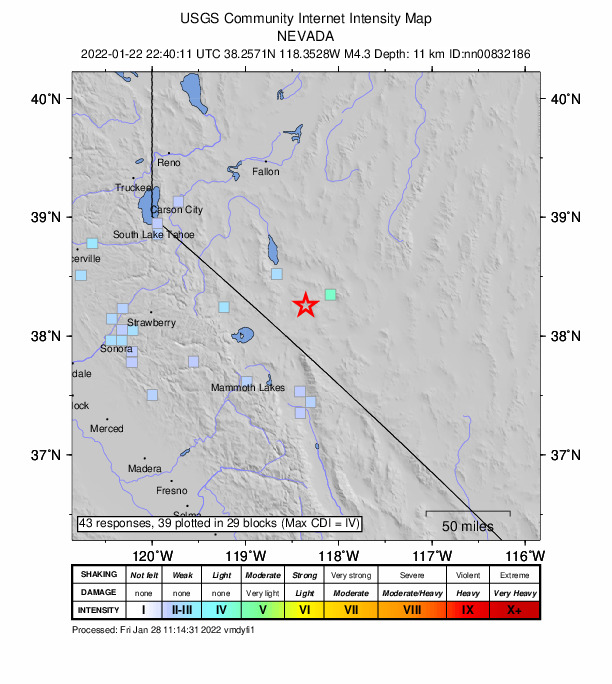 USGS DYFI community-reported intensity map for the M4.3 earthquake near 25 km SW of Mina, Nevada