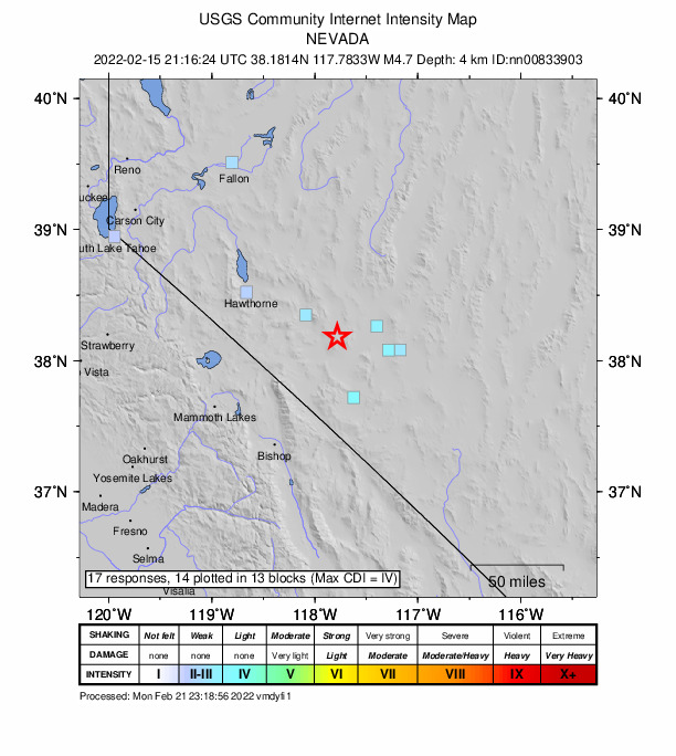 USGS DYFI community-reported intensity map for the M4.7 earthquake near 36 km SE of Mina, Nevada
