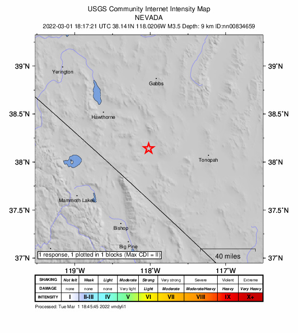 USGS DYFI community-reported intensity map for the M3.5 earthquake near 28 km SSE of Mina, Nevada