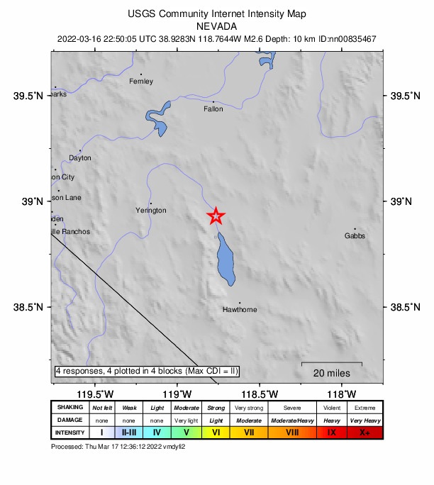 USGS DYFI community-reported intensity map for the M2.6 earthquake near 4 km ESE of Schurz, Nevada